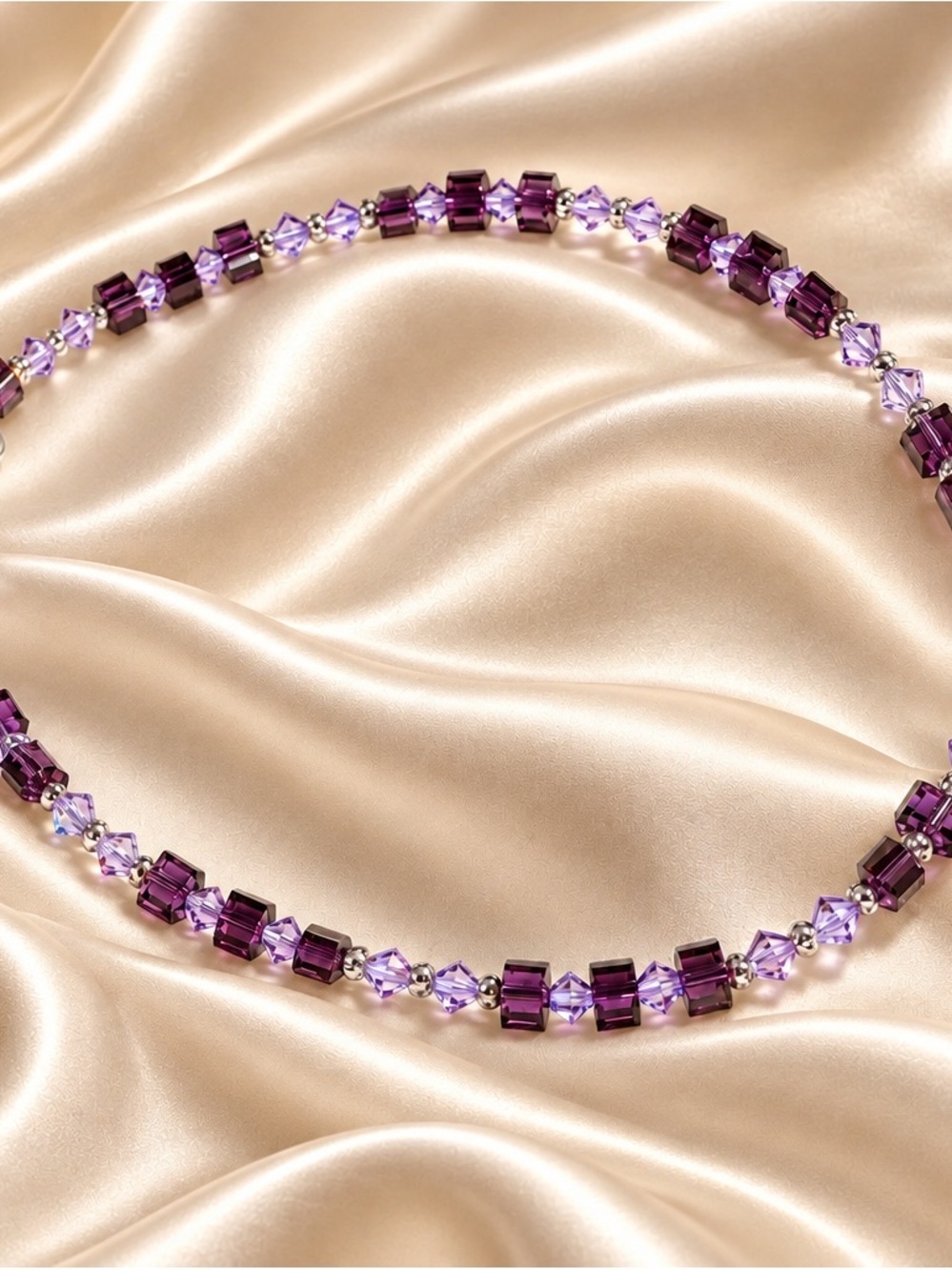 Handmade 18" Purple Swarovski Crystal Cube & Bicone Necklace – Silver Toggle Cla